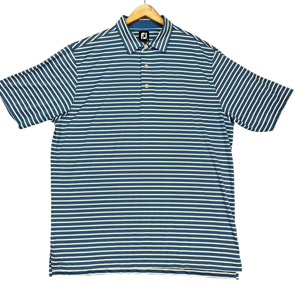 FootJoy Polo Shirt Mens XL Blue White Striped Short Sleeve Golf Ivanhoe Logo EUC